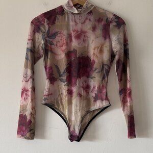 Nylon Apparel Floral Bodysuit Sheer Long Sleeve Boho Fairy Whimsy FITS MEDIUM?‎